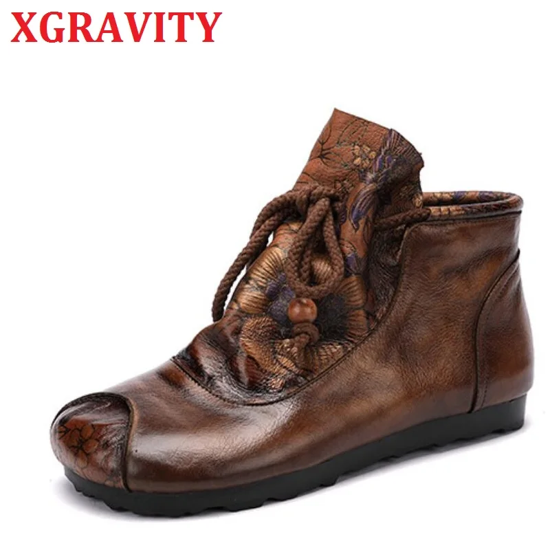 

XGRAVITY S043 New Soft Ladies Vintage Ankle Boots Fashion Original Casual Shoes Cow Genuine Leather Retro Shoes Lady Boots Hot