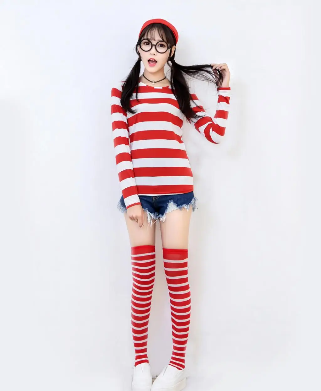 Where's Wally Wenda костюм рубашка в полоску + шляпа очки|Костюмы аниме| |
