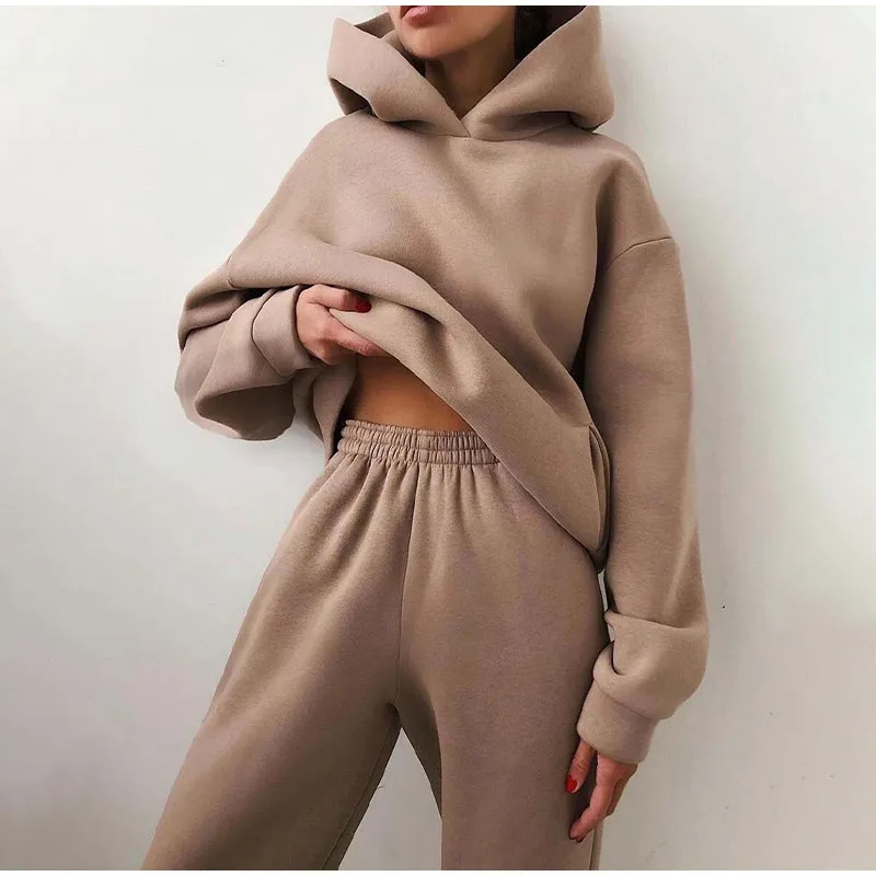 

New Tracksuit Women Elegant Solid Suits Fleece Warm Hoodies 2 Piece Set Autumn Winter Fashion Oversized Sweatshirts Tracksuit