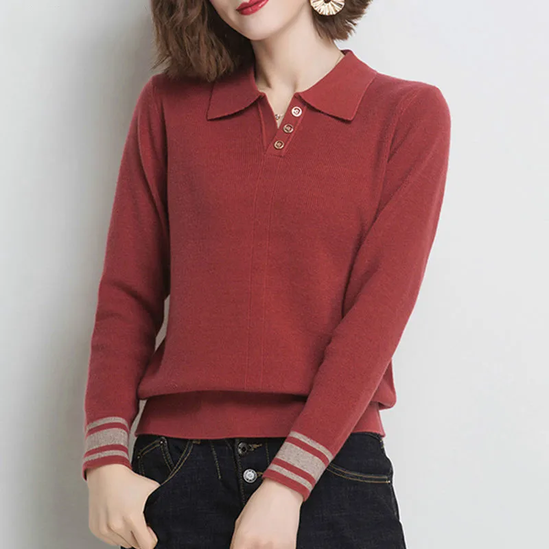 

2021 New Autumn Winter Women Knit Pullover Sweater Turndown Collar Solid Color Buttons Long-sleeved Sweater Female Tops Y168
