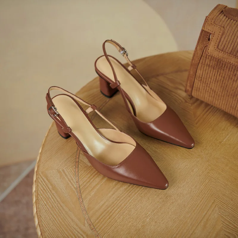 

2021 Square High Heel Pointed Toe Sandals Back Strap Buckle Female Shoes Genuine Leather Slingback Women Pumps Size 34-40