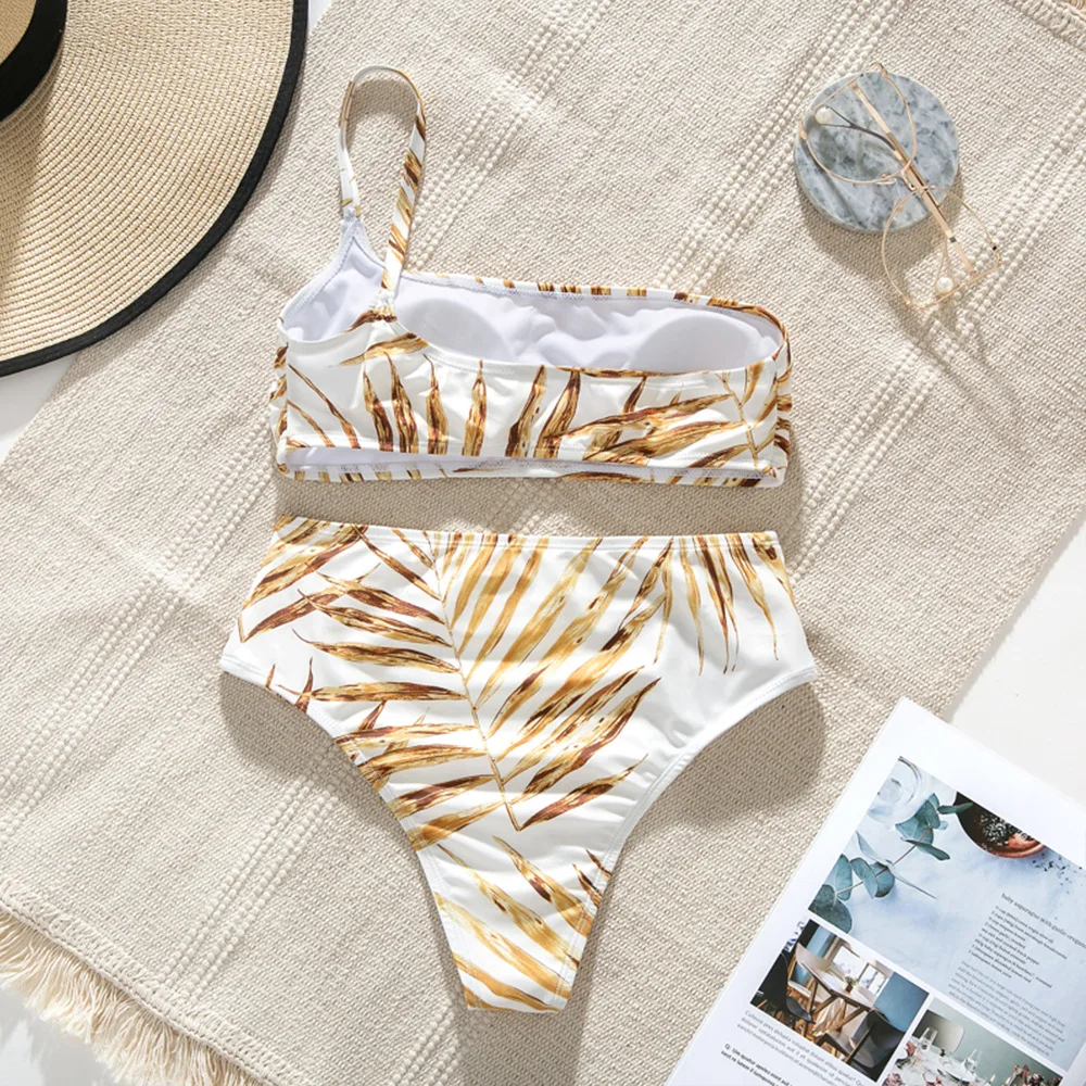 

Gold Leaves Print Bikini Women High Waist Swimsuit 2021 Sexy Swimwear Bandeau Push Up Bikini Set Bathing Suits Summer Beach Wear