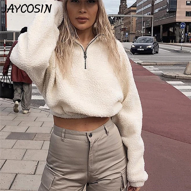 JAYCOSIN Женская толстовка плюшевая однотонная на молнии с воротником-стойкой и