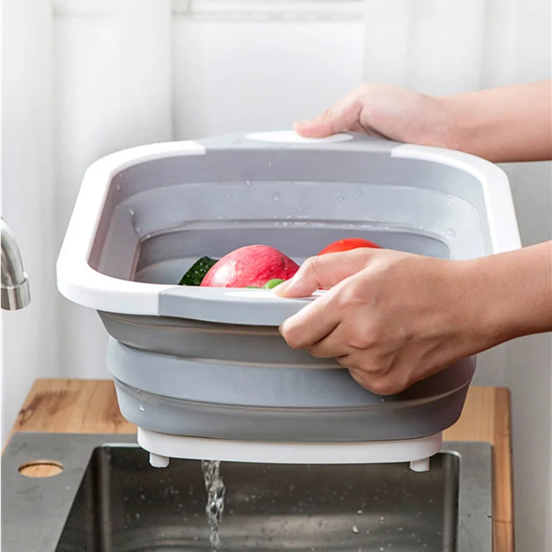 

Multifunctional Foldable Cutting Board Dish Bath 3 In 1 Foldable Sink Kitchen Supplies Drain Basket Outdoor Camp Portable Basins