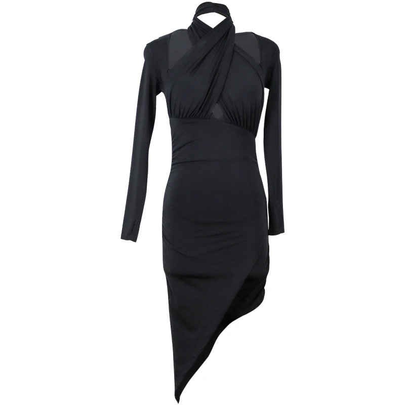 

Sexy Latin Dance Costume Women Black Halter Neck Long Sleeve Dress Latin Competition Dresses Salsa Show Practice Clothes BL5254