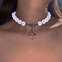 2021 korea unique design luminous beads pearl stitching necklace choker cross pendant clavicle chain fashion sweet party jewelry