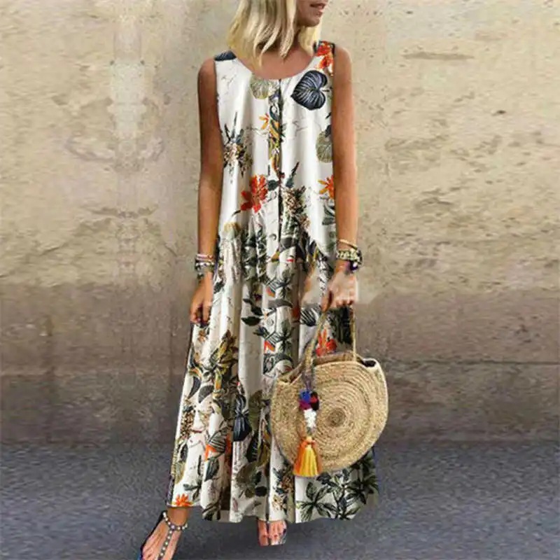 

Vintage Dress Sleeveless Women O-Neck Size Maxi Plus Floral Print Long Bohemian Size S-5XL
