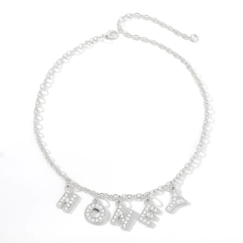 

Simple HONEY Crystal Initial Letter Pendant Necklace For Women Girls LOVE BABY Couple Jewelry Silver Color Neck Chains Gifts Bff