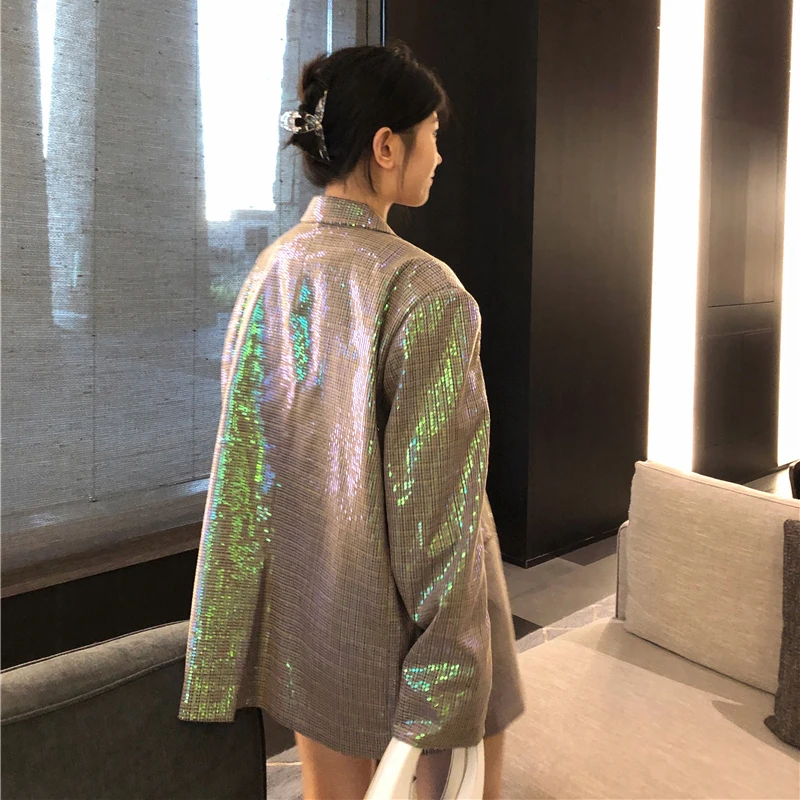 

[EAM] Women Shining Sequins Split Joint Blazer New Lapel Long Sleeve Loose Fit Jacket Fashion Tide Spring Autumn 2021 1DA488