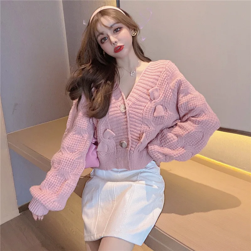 

Knitted Women's Bowknot Short Loose Pink Sweater Jacket For Autumn And Winter 2021 New Cardigan