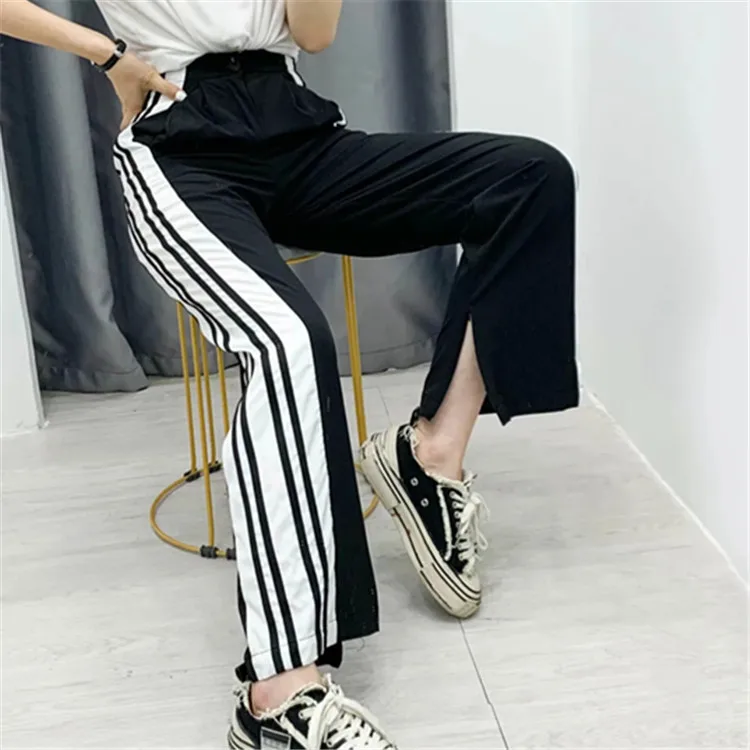 

Women Wide Leg Pants Stripe Split Pants High Waist Trousers