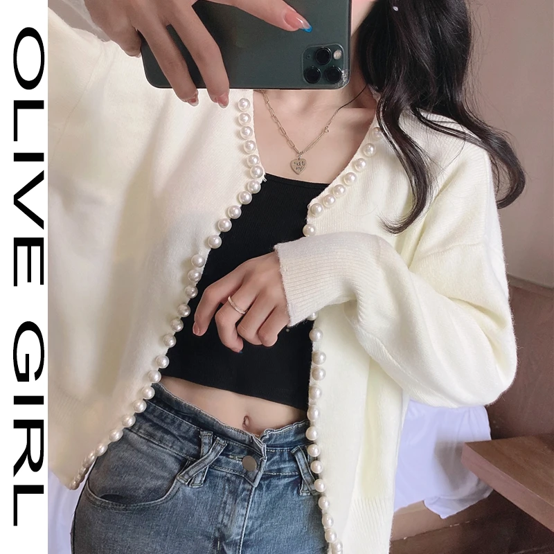 Женская одежда Топ большой кардиган с жемчугом женские туфли класса люкс из