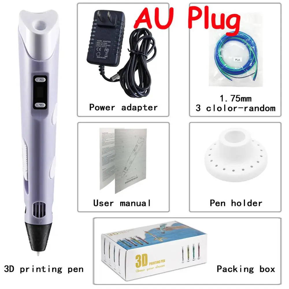 Purple AU EU/UK/US/AU Plug 3D Ручка для печати 1,75 мм PLA/ABS умные 3D ручки для рисования детские игрушки для рисования Детские Картины Сделай Сам ручка подарки - Цвет: Purple AU