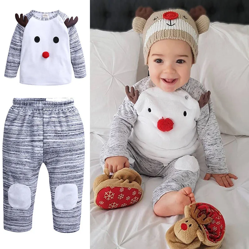 

Christmas Pajamas for Children Baby Night Wears Baby Boys Clothes Elk Grey White Sleepwear Comfortable Cartoon New Year Sets