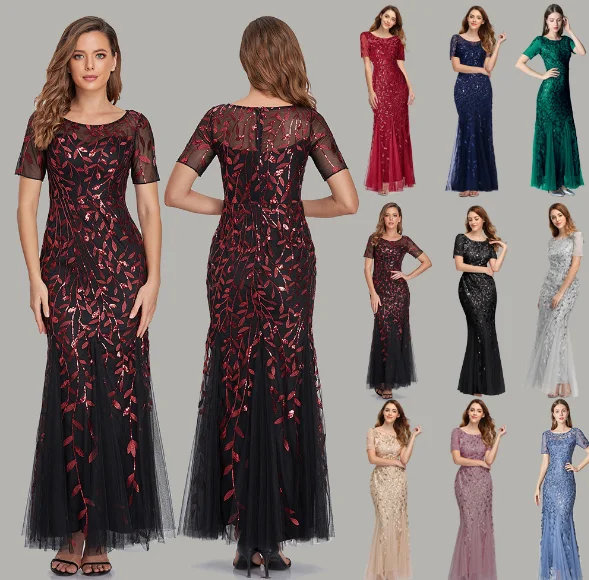 

Роскошное сексуальное вечернее платье-Русалка с круглым вырезом для гостей 2022, кружевное официальное платье с аппликацией и коротким рукав...