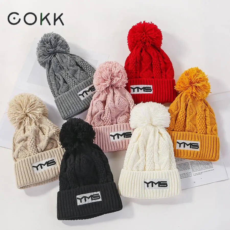 COKK, шапки с помпоном для женщин, зимние вязаные шапочки с громоздкими ушками, Женские Мешковатые Лыжные шапки, плюс бархатная Толстая теплая шапка для женщин, Gorras