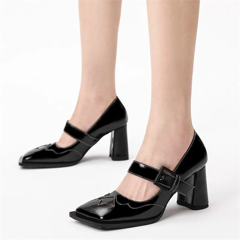 

High Quality Leather Mixed Colors Pumps Buckle Strap Luxury Designer Runway Party Women Shoes Large Size Square Toe High Heels