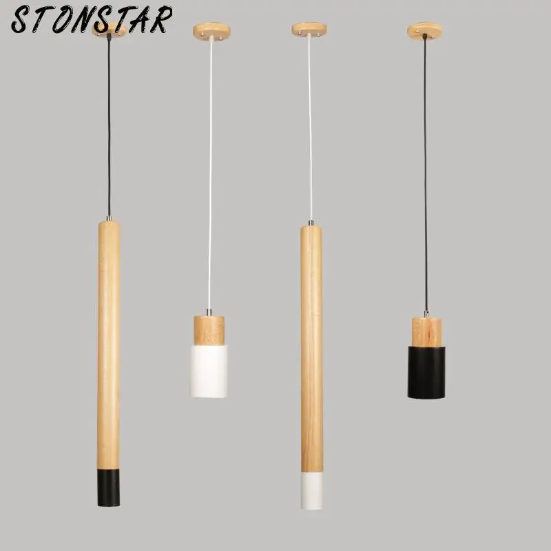 

brief minimalist creative wood pendant light fixture nordic home decor bedroom bedside straight black iron pendant lamp 1642646