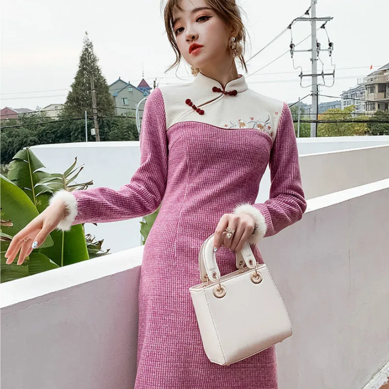 

Slim Dress Elegant Chic Stand Collar Flower Embroidery Cheongsam Dresses Autumn Winter Women Chinese Style Retro Long Sleeve