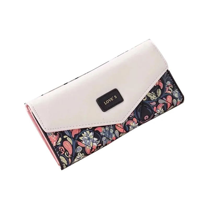 

Wristlet Fashion Envelope Women Wallet Hit Color 3Fold Flowers Printing PU Leather Wallet Long Ladies Clutch Coin Phone Purse