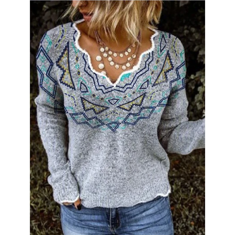 

Women's Sweaters Elegant Printed Tops 2021 Autumn Winter Vintage Pullovers Tops V Neck Ladies Casual Long Sleeve Sweater