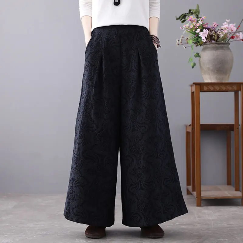 Брюки женские с широкими штанинами жаккардовые льняные штаны завышенной талией