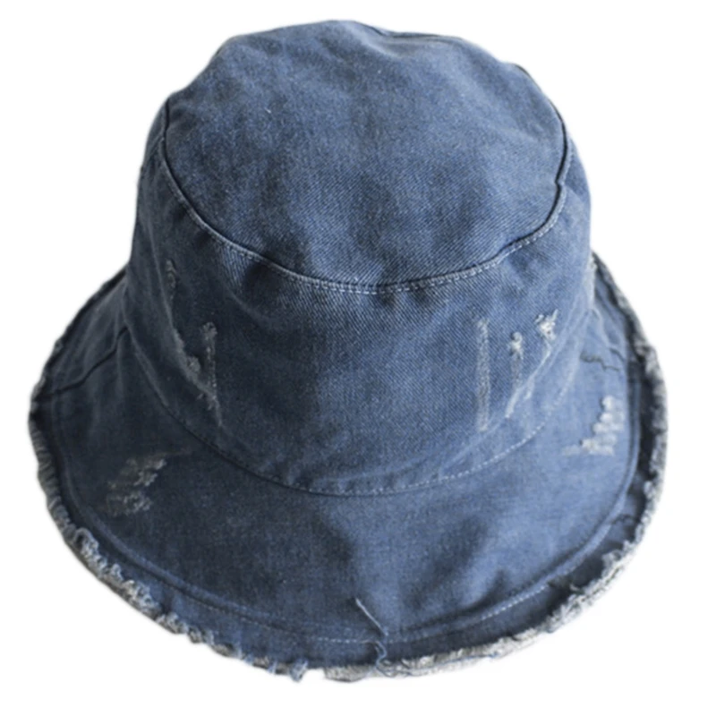 

Japanese Style Women Men Washed Denim Bucket Hat Vintage Distressed Fringe Tassels Brim Sunscreen Foldable Fisherman Cap