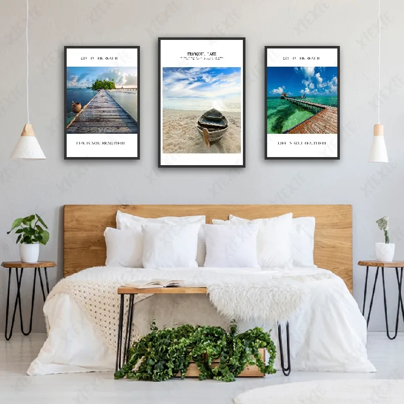 

Nordic Wall Art Beautiful Beach Landscape Boat Ocean Posters and Prints Canvas Painting Living Room Bedroom Corridor Decoration
