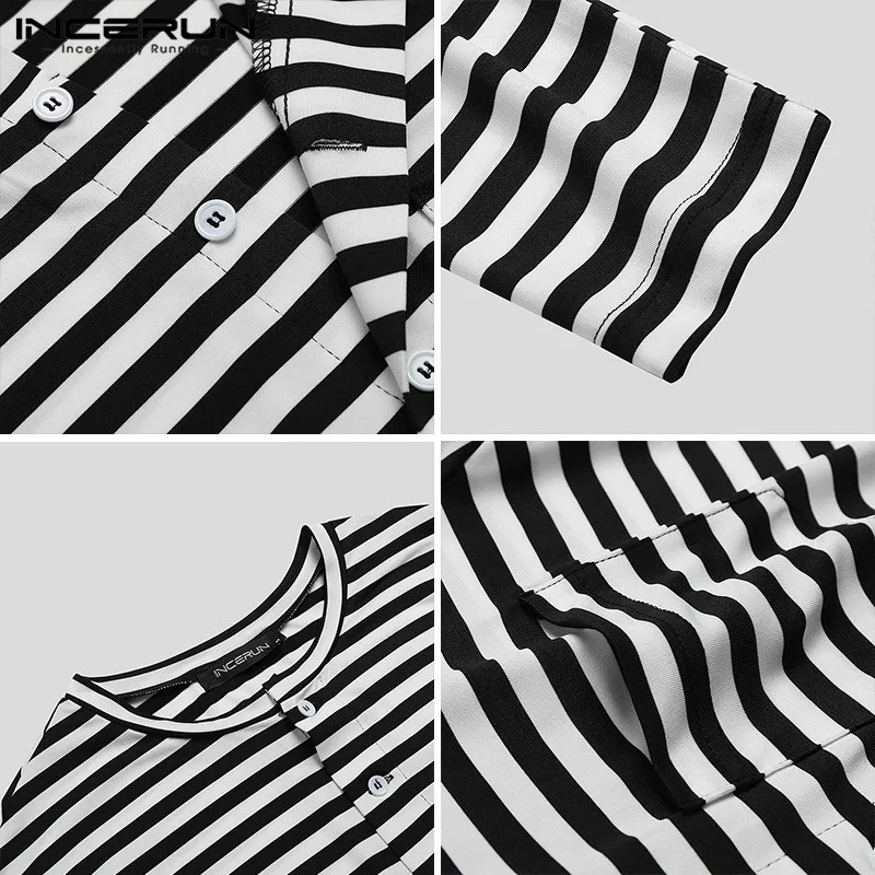 

Men Striped Pajamas Romper Long Sleeve Button Jumpsuits Sleepwear Comfortable Homewear Leisure Fitness Men Playsuits 5XL INCERUN