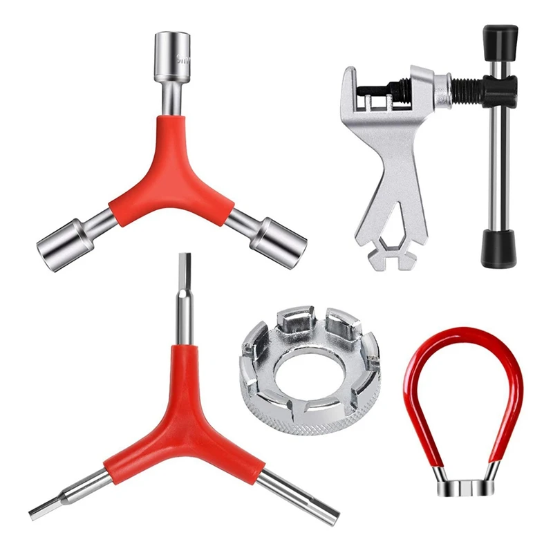 

5Pcs Bicycle Correction Tool,Include 8-Cut Open Spoke Wrench,Spoke Wrench,Chain Breaker,Hexagon Wrench And Socket Wrench
