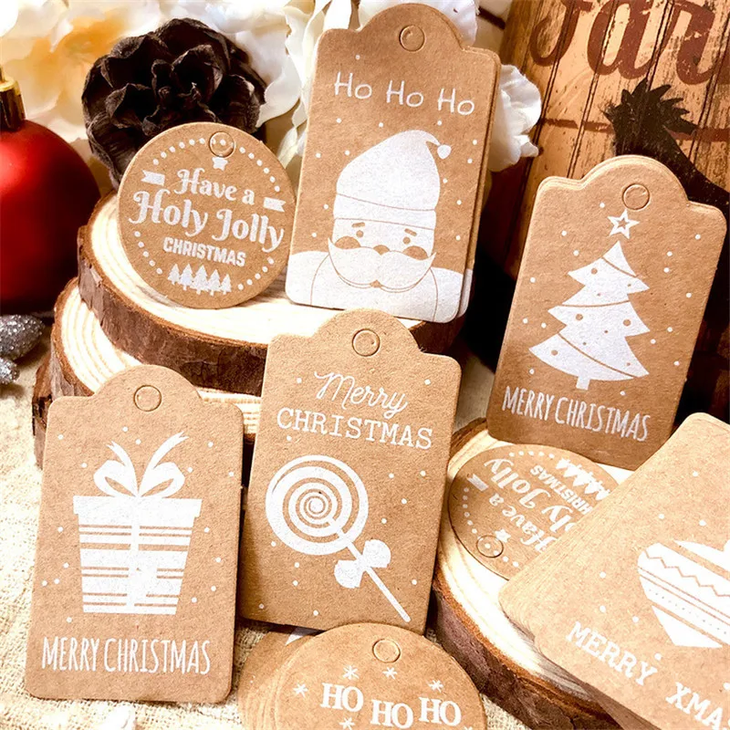 

50pcs/lot Christmas Design Kraft Paper Tag Xmas Hang Tag Product Price Label Gift Box Wrapper Garment Tags Xmas Party Supplies