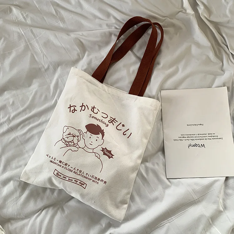 

Canvas Cotton Cartoon Shopping Bags Women Japan Print Zipper Shoulder Bags Reusable Casual Cloth Handbag Tote