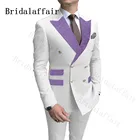 Bridalaffair белые смокинги с золотыми пуговицами для мужчин модный двубортный Блейзер Лавандовый Пейсли костюм с отложным воротником мужской (пиджак + брюки)