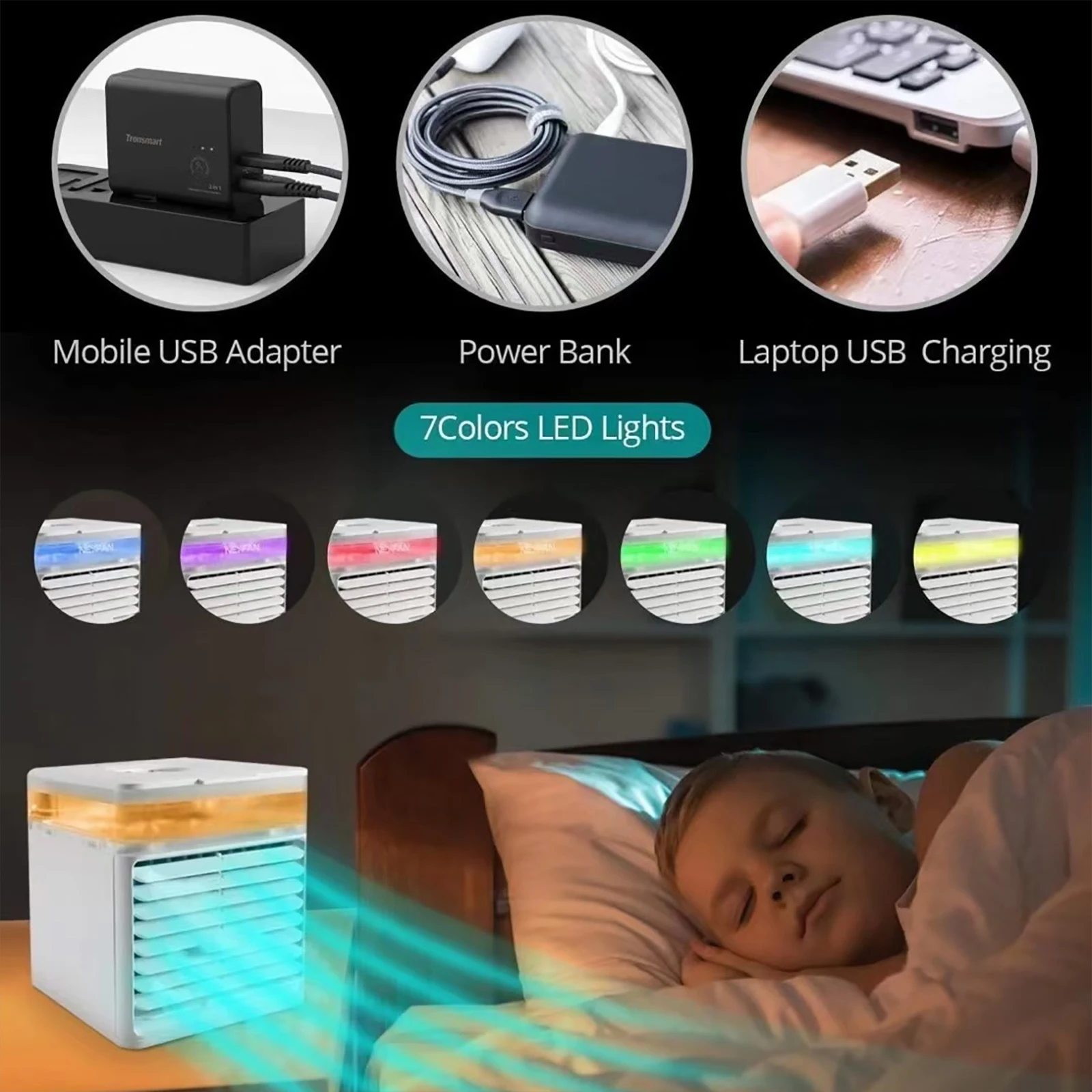 

Home Mini Air Conditioner Portable Air Cooler 7 Colors LED USB Personal Space Cooler Fan Air Cooling Fan Rechargeable Fan Desk