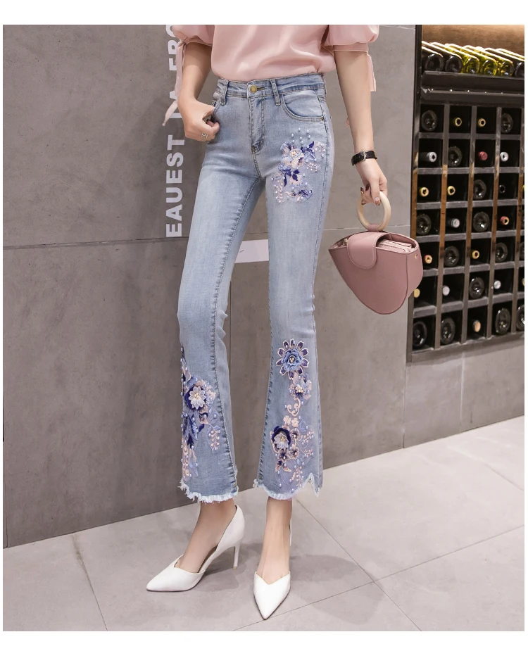 

High waist stretch jeans female raw edge embroidery beaded jeans spring summer new slimming slightly ankle length pants wq2096