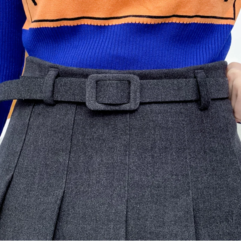 Женская плиссированная мини юбка с высокой талией шерстяная поясом зима