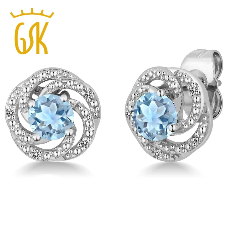 0 86 карат Круглый Небесно-Голубой Аквамарин Белый бриллиант 925 пробы Серебряный