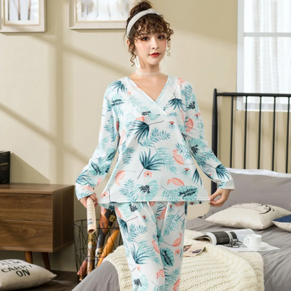 Женские пижамы с длинным рукавом пижама женская V-образным вырезом кружевная