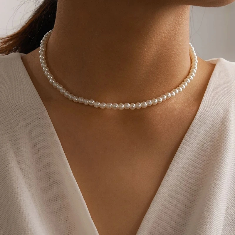 

Bohemian Imitation Pearl Chain Circle Toggle Clasp Lasso Choker Necklace Rhinestones Crystal Clavicle Necklace for Women Jewelry