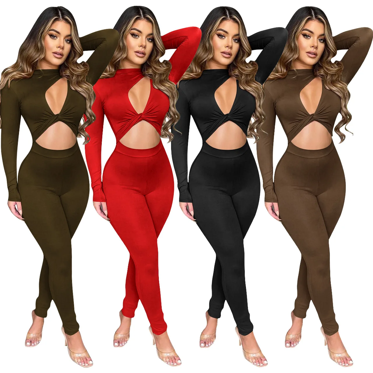 Casaul Women Jumpsuit Hollow Out Solid Color Sporty Full Sleeve Skinny Streetwear Long Romper Women Jumpsuit Overalls