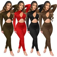 casaul women jumpsuit hollow out solid color sporty full sleeve skinny streetwear long romper women jumpsuit overalls