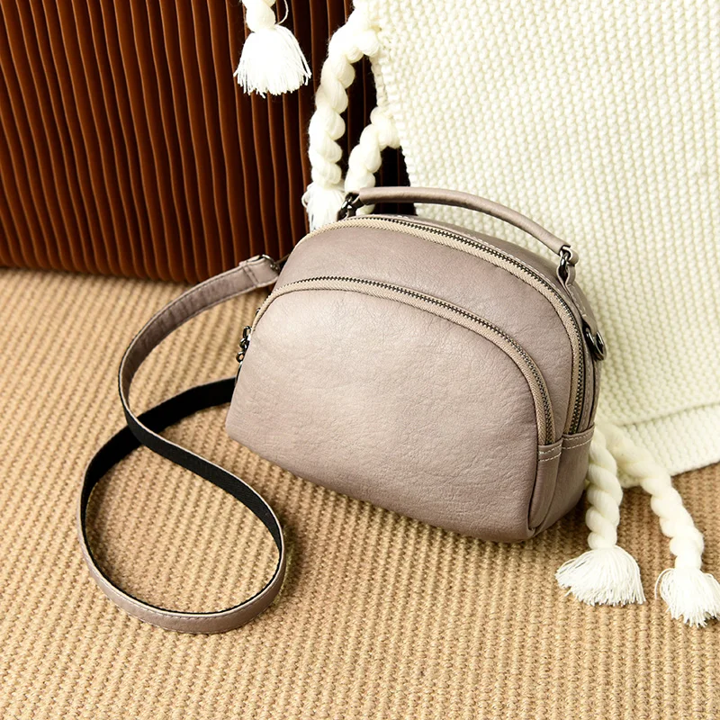 

Mini Double Layer Shoulder Bags PU Zipper Hand Wrinkled Leather Women Shoulder Bag