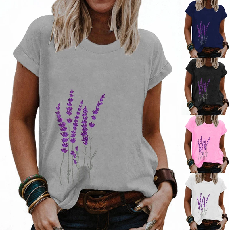 

New Summer Fashion Flower Printed Short Sleeve Round Neck T-shirt Casual Graphic Shirt Loose Pullover Blouse Tops
