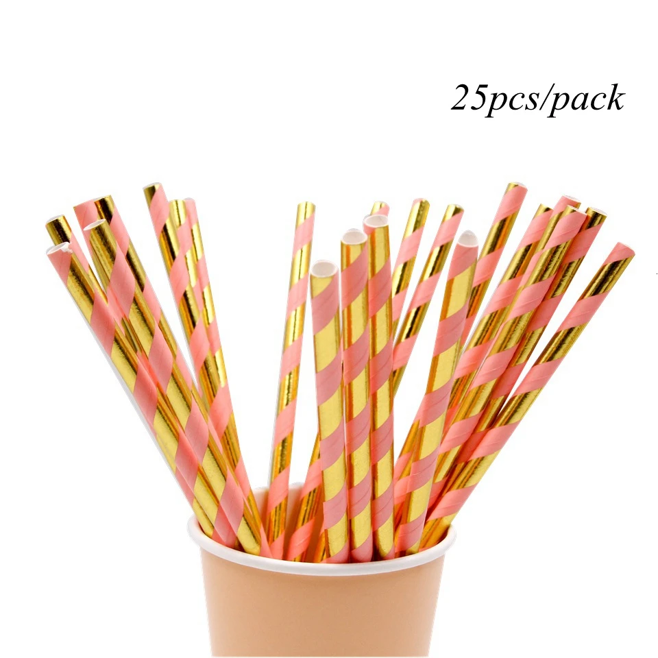 25pcs pink straw 1 Набор, синяя серия, полосатая одноразовая посуда, сделай сам, позолоченные бумажные тарелки, посуда для свадебного стола, Декор, принадлежности для дня рождения - Цвет: 25pcs pink straw