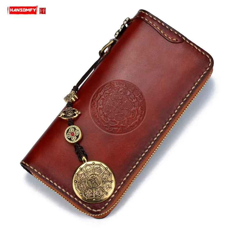 Handmade Long Wallet Card Holder Wallet Zip Phone Bag Coin Purse Clutch Bag First Layer Cowhide Vegetable Tanned Leather Zipper