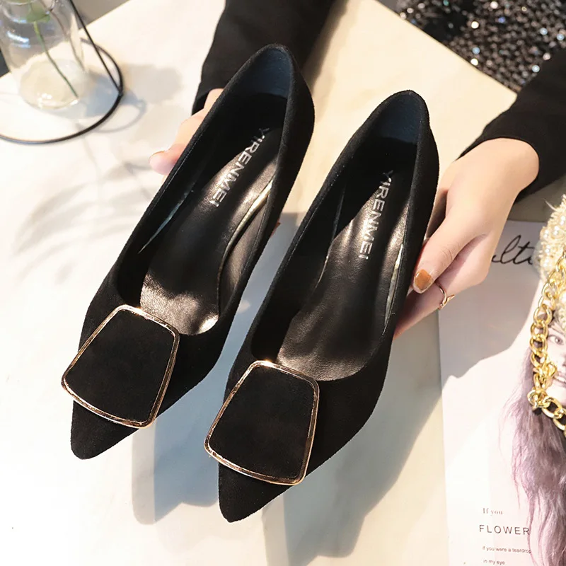 

Ladies Square Buckle High Heels Office Ladies Pointed Toe Wedding Shoes Ladies Satin Square Heels 2021 Fashion Women's Shoes