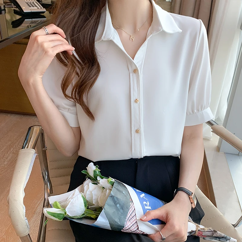 

Women Chiffon Blouse Shirt New 2021 Summer Short Sleeve Solid Color Office Lady Shirt Plus Size Loose Woman's Tops