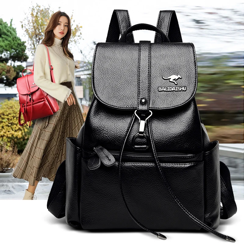 

Women's Textured PU Leather Flap Backpack Large Capacity Pure Color Elegant Backbag Female Portable Designer Travel Bagpack Sac