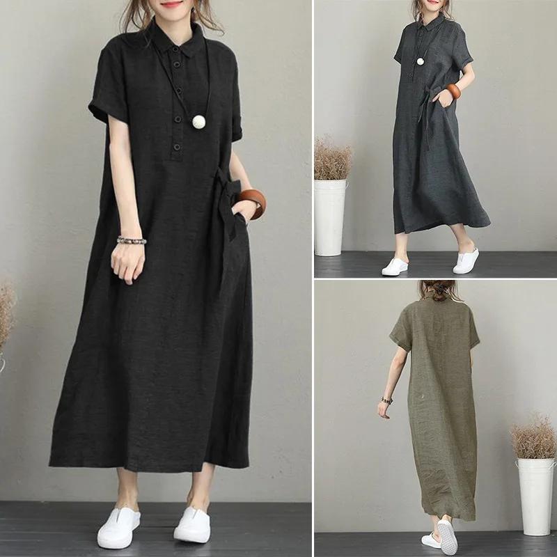 

Summer Loose Lapel Women's Long Dress 2021 Solid Color High Waist Slimming Women Clothing Skirt Single Breasted Casual Wear