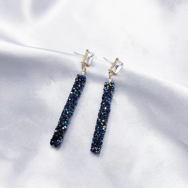 

New Trendy Long Crystal Earrings Fashion Joker Black White Blue Geometric Statement Hot Korean Party Women Jewelry Drop Earrings